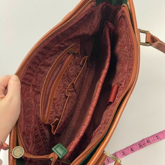 ADRIENNE VITTADINI Women's Large Green & Brown 2 Handle Top Zip Closure Tote Bag - Picture 11 of 12